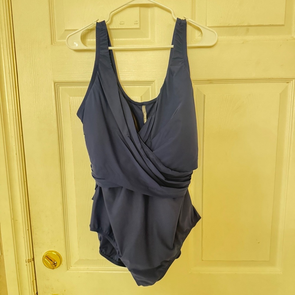 Lands End Slendertex One Piece Swimsuit Navy Blue Surplice Wrap 20W DDD 516709